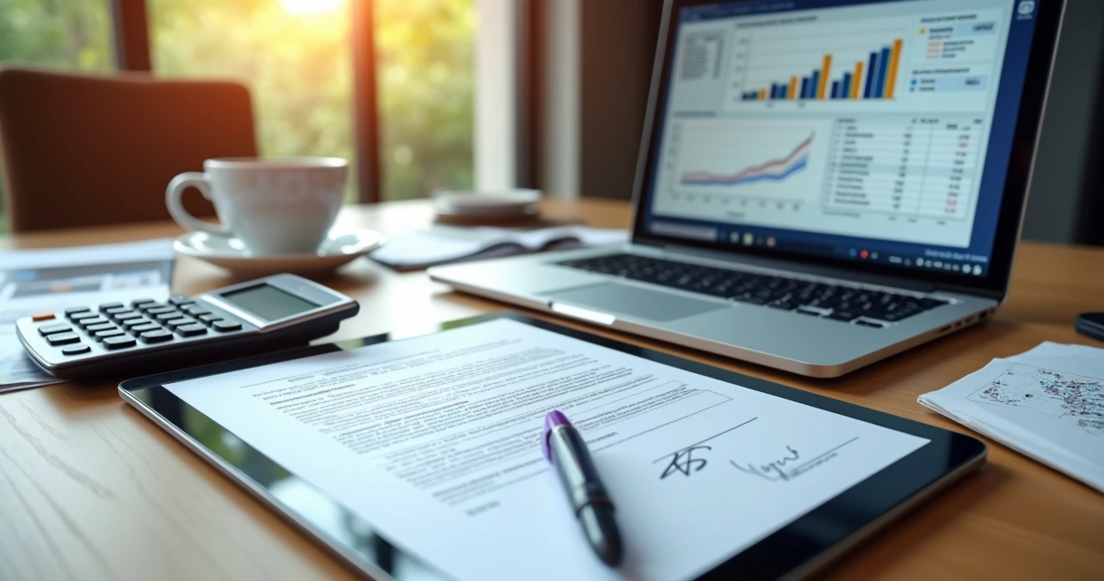 Mesa de escritório com calculadora, contrato de aluguel digital e laptop aberto mostrando planilhas financeiras 