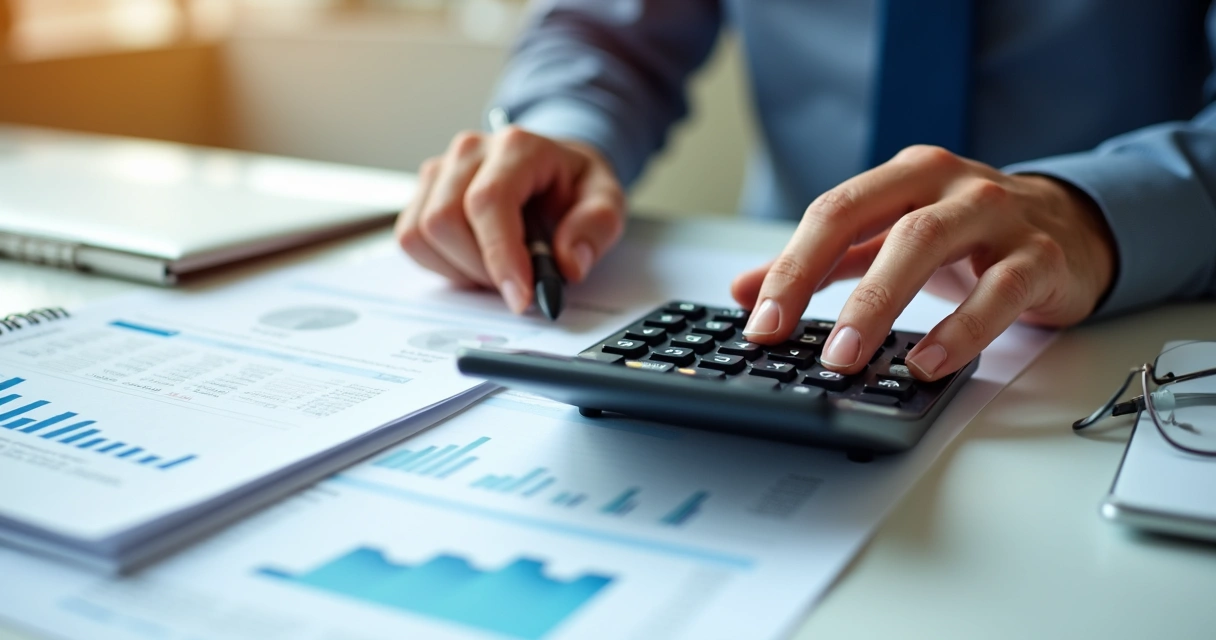 Pessoa usando calculadora financeira ao lado de planilhas 