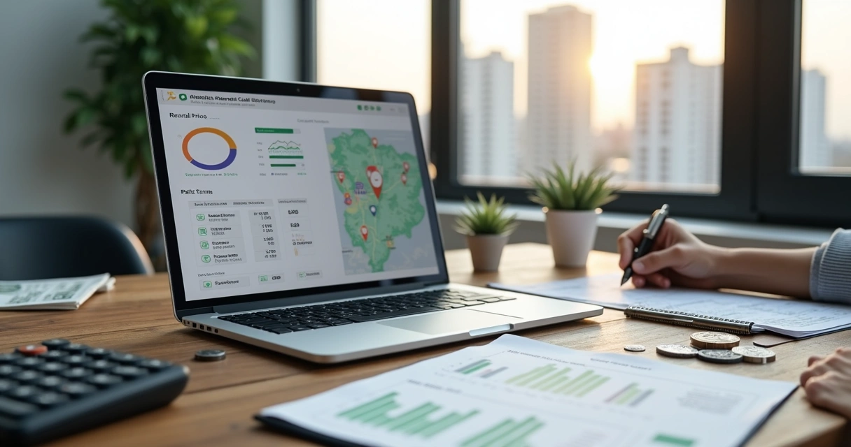 Corretor calculando valor de locação de apartamento em notebook com gráficos 