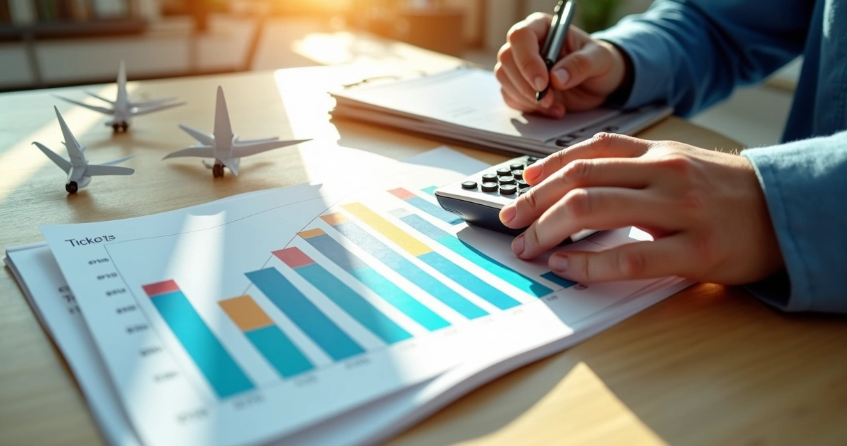 Pessoa calculando valor das milhas com calculadora e gráfico