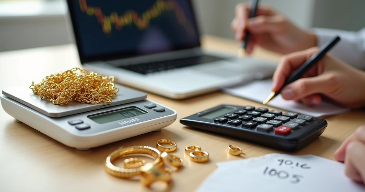 Pessoa calculando o valor de joias de ouro usadas com balança e calculadora sobre a mesa 