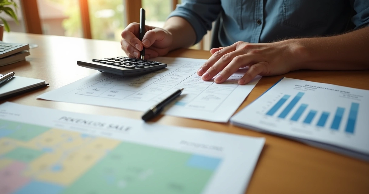 Pessoa calculando valor de imóvel com calculadora e papel 