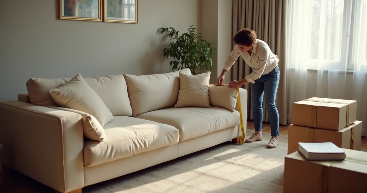 Pessoa medindo sofá com trena ao lado de caixas empilhadas 