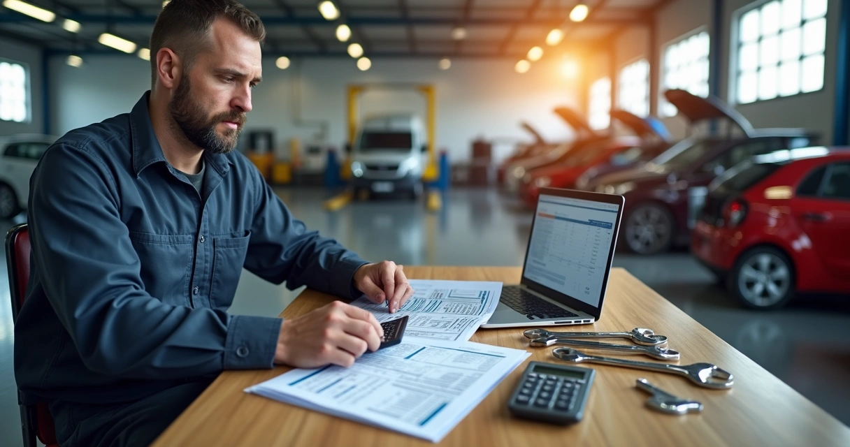 Mecânico calculando custos de mão de obra em oficina com planilha e ferramentas ao redor 