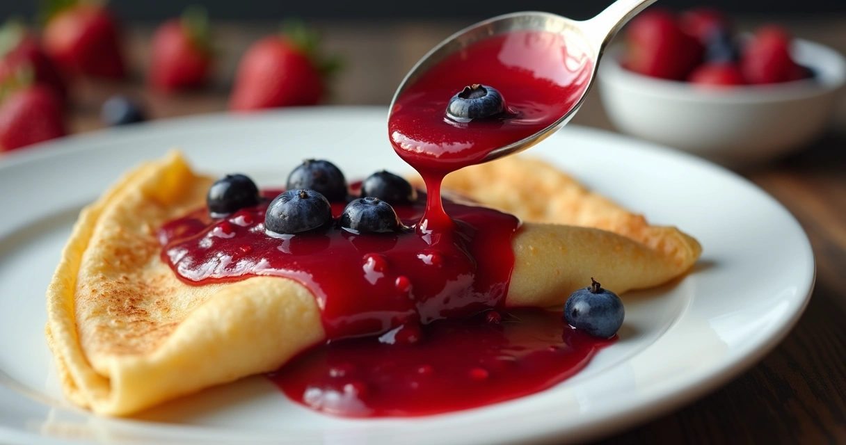 Calda de frutas vermelhas sendo derramada sobre crepe 