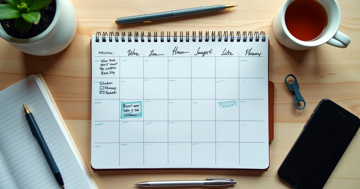 Work calendar beside a notebook with planned breathing breaks 
