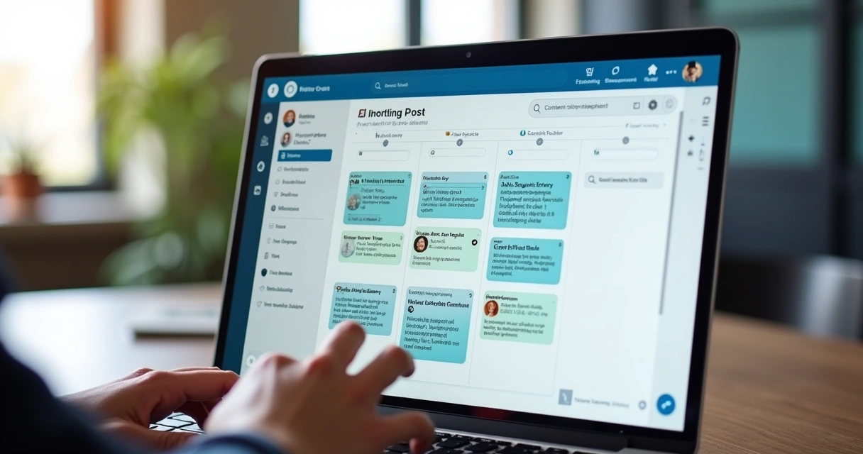 Visualização de um calendário editorial digital com posts agendados. 
