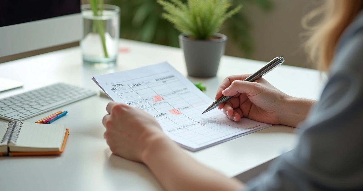 Person reviewing a calendar and notes at a quiet desk 