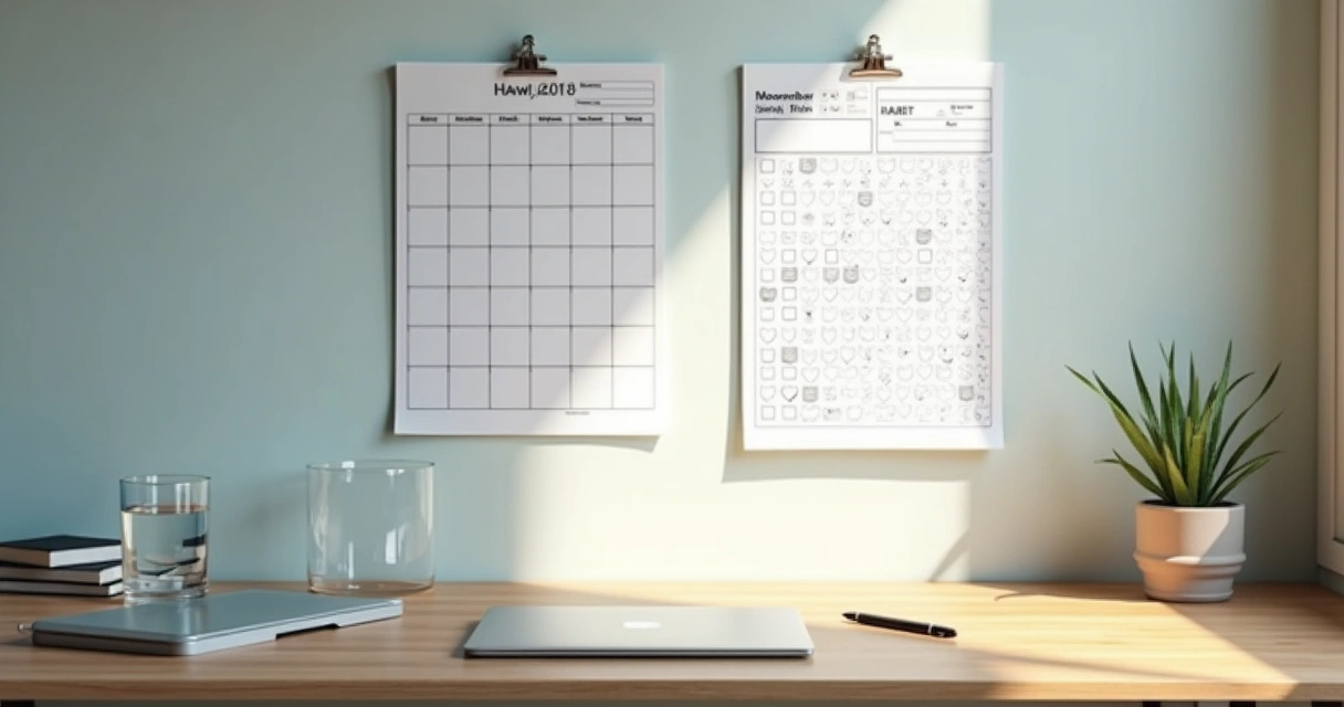 Wall calendar with checked habit boxes and a pen nearby 