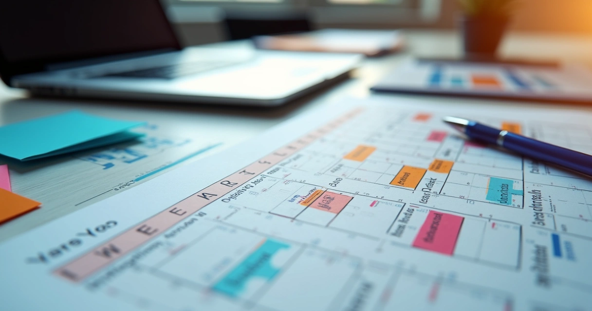 Mesa de escritório com calendário anual aberto mostrando ações promocionais destacadas em cores vivas, ao lado de laptop, caneta, gráficos e notas adesivas organizadas 