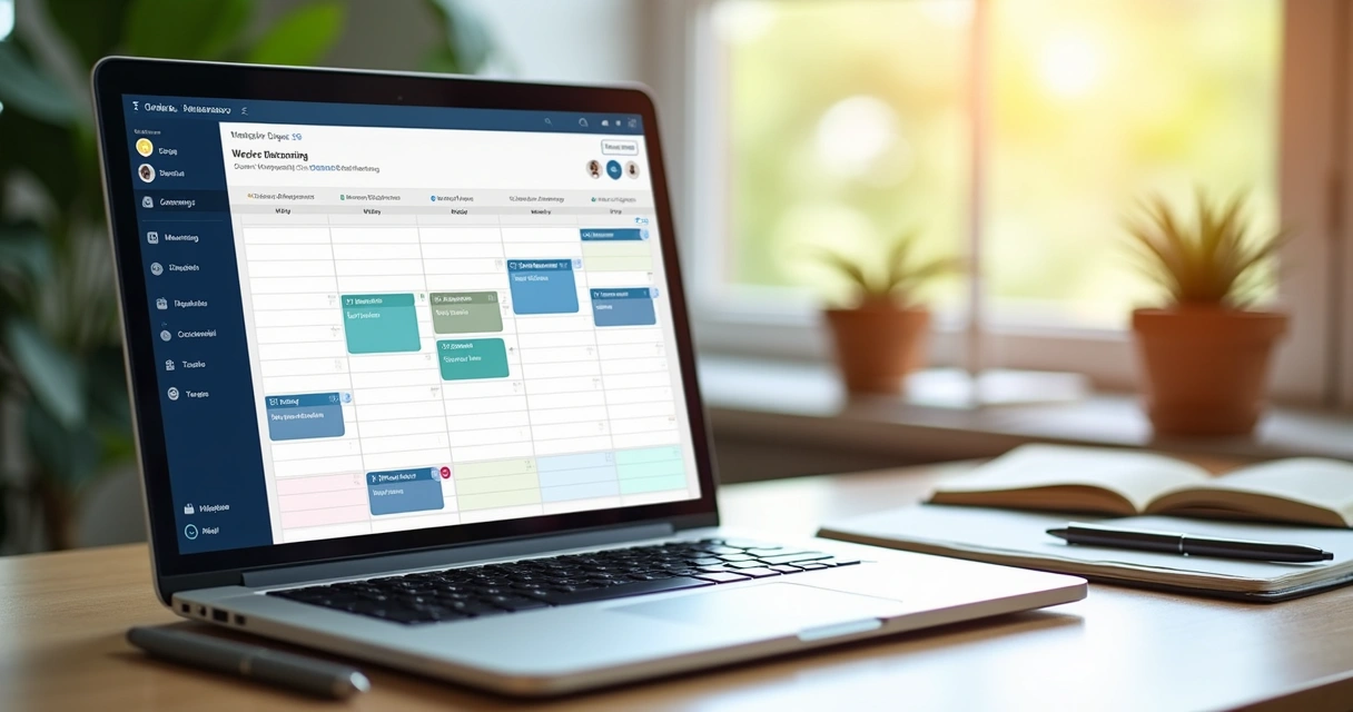 Calendario digital abierto en laptop mostrando semana laboral y tareas