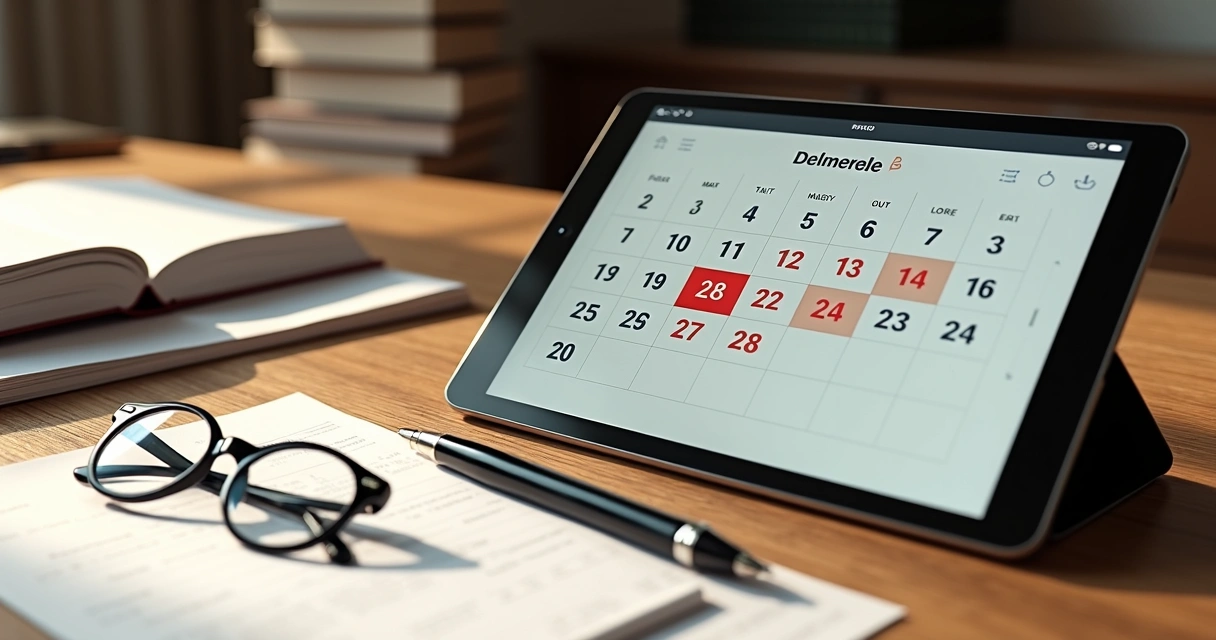 Calendário com marcações coloridas mostrando prazo jurídico 