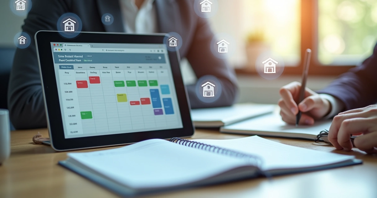 Calendário digital com horários marcados na tela de um tablet e um corretor preenchendo uma agenda ao lado 