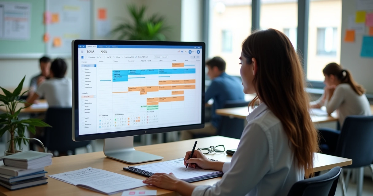 Gestor escolar organizando calendário de provas de 2026 em computador com gráficos e datas em destaque 
