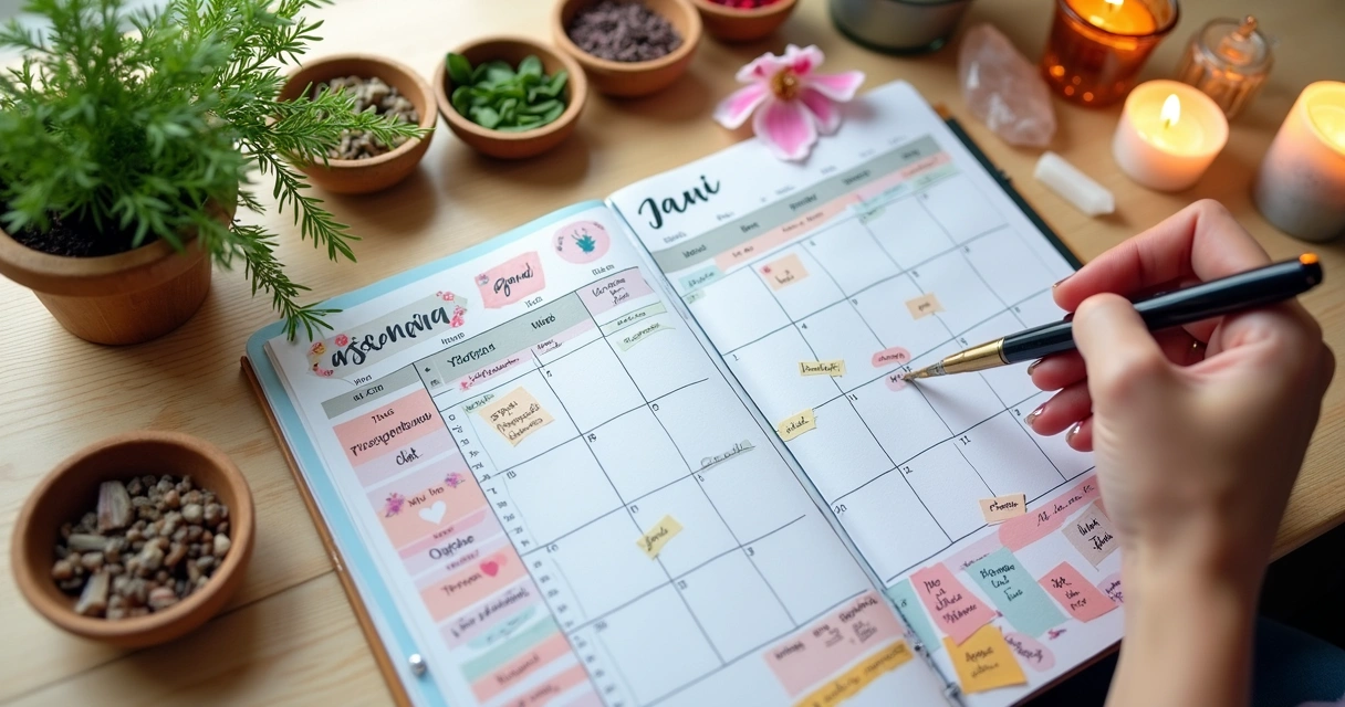 Calendário colorido com anotações e ilustrações de ervas ao lado 
