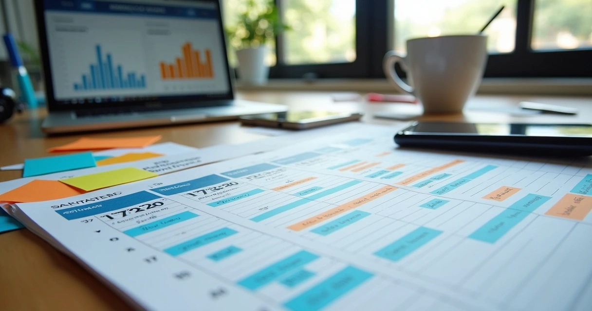 Calendário de marketing com datas sazonais e anotações de campanha