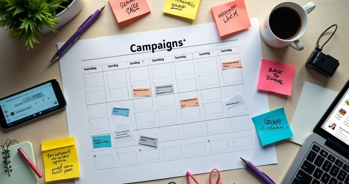 Calendário de campanhas sazonais em mesa de trabalho 