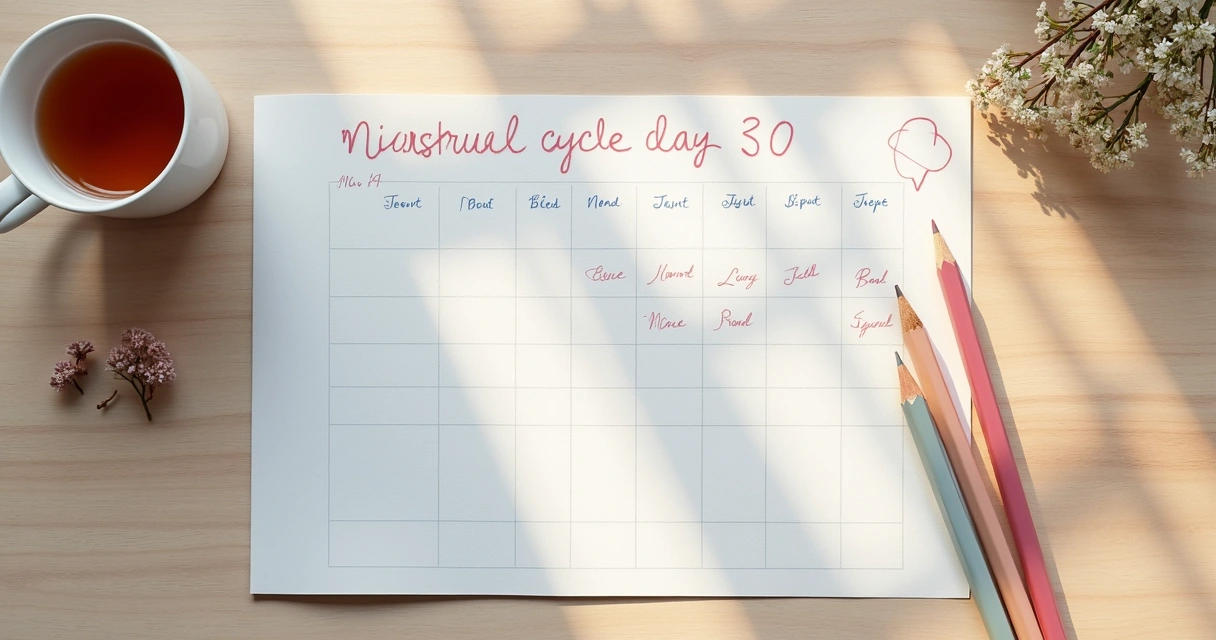 Calendario menstrual con notas emocionales y flores suaves