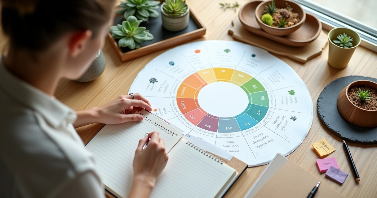 Homem marcando emoções em calendário circular com quatro estações ao fundo 