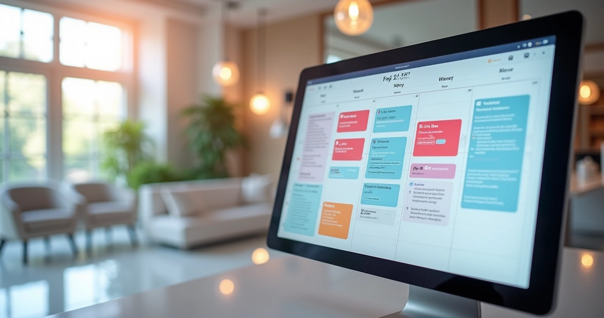 Calendário digital com múltiplas notificações de lembretes e eventos agendados exibido em uma tela moderna, ambiente claro e sofisticado 