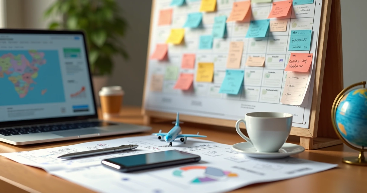 Mesa com calendário aberto, laptop, smartphone e caneta ao lado, planejando ações comerciais para agência de turismo 