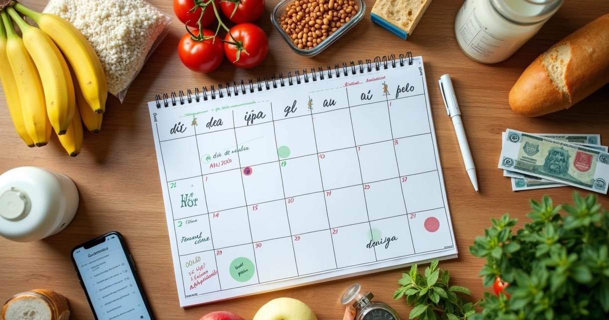 Calendário semanal sobre mesa com compras e dinheiro ao lado 