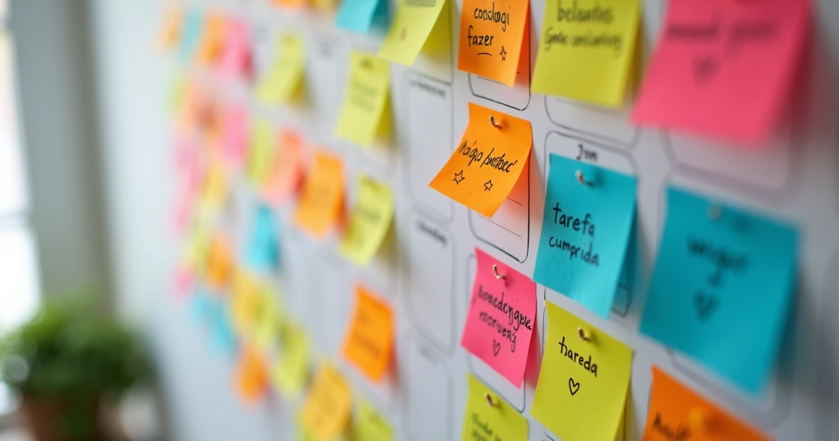 Calendário de parede com pequenos papeis coloridos marcando microvitórias do dia 