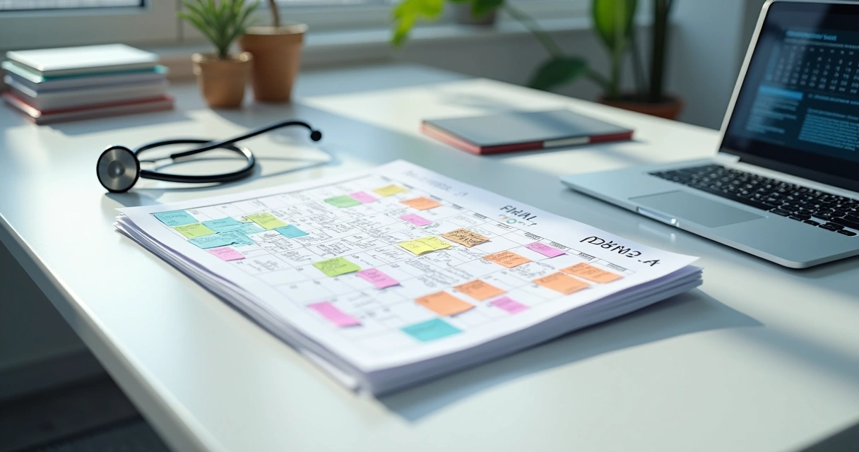 Calendário de conteúdo com pautas médicas e calendário editorial em ambiente de clínica 