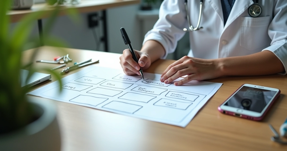 Calendário de conteúdo odontológico organizado em mesa de trabalho 