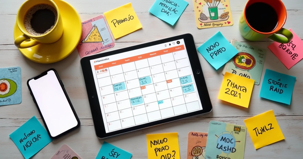 Calendário colorido com post-its digitais representando agenda de posts de delivery. 