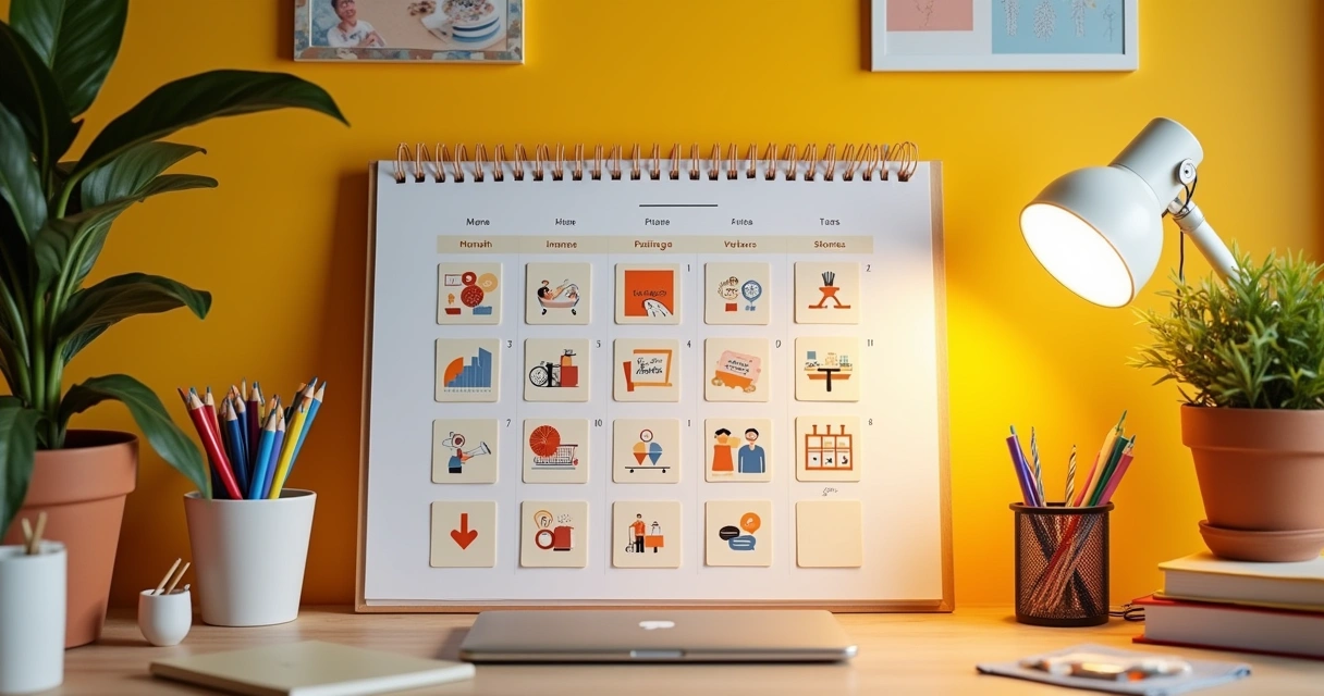 Conteúdo para Instagram: como planejar, criar e postar com estratégia 1 Calendário estratégico de conteúdo para Instagram em mesa moderna com ícones de postagens e itens organizados.