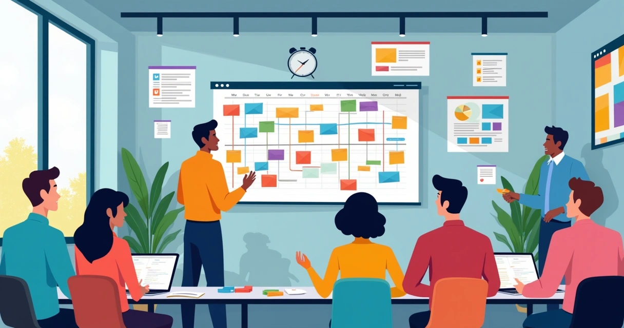 Equipe planejando calendário de conteúdo digital para mandato político 