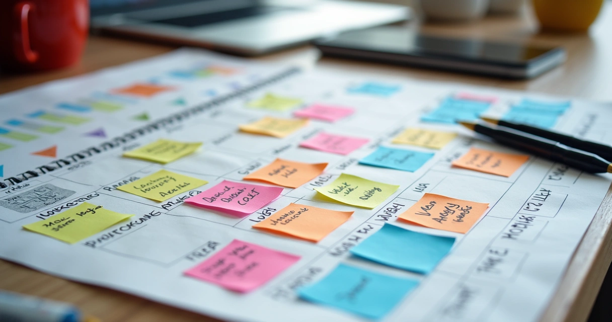 Calendário colorido com anotações de temas de marketing digital 