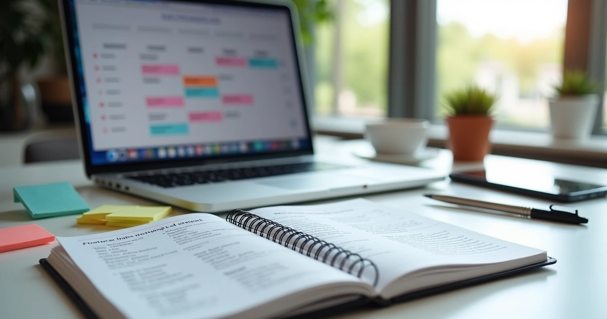 Calendário editorial de mentoria em tela e bloco de notas