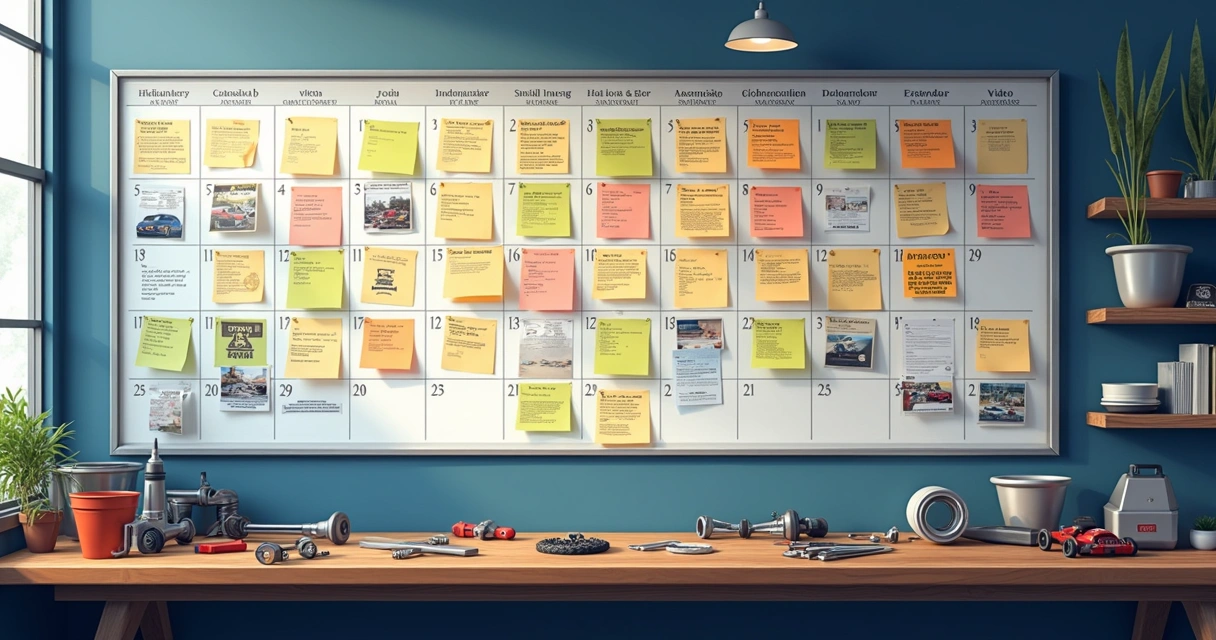 Quadro de calendário de conteúdos com temas automotivos em ambiente de oficina 