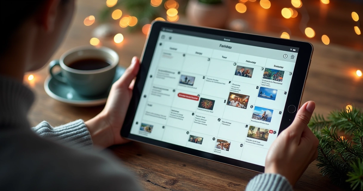 Digital calendar with icons of videos and parties marked