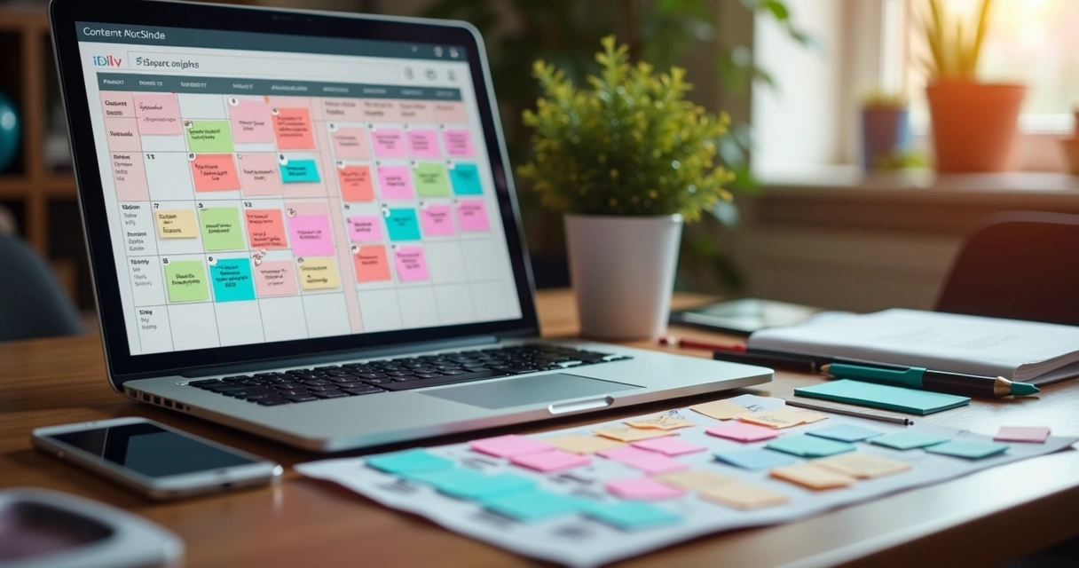 Calendário editorial em mesa com post-its e computador 