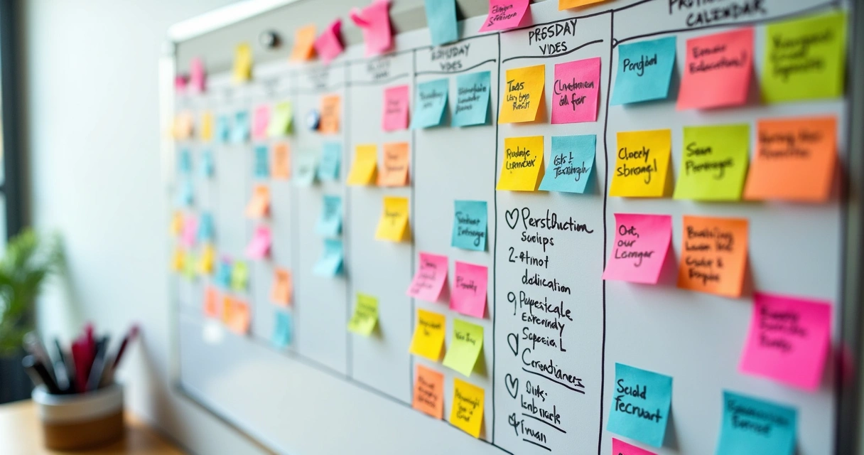 Quadro branco com calendário editorial de postagens e notas coloridas 