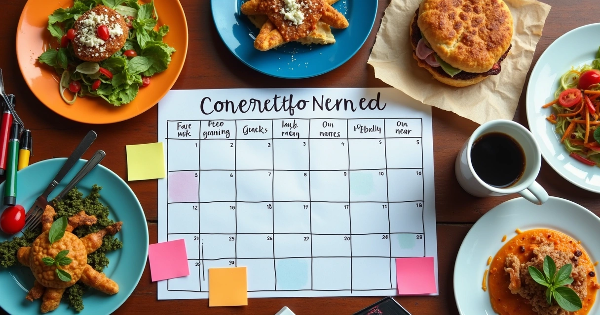 Calendário colorido exibindo posts sobre comida para redes sociais 