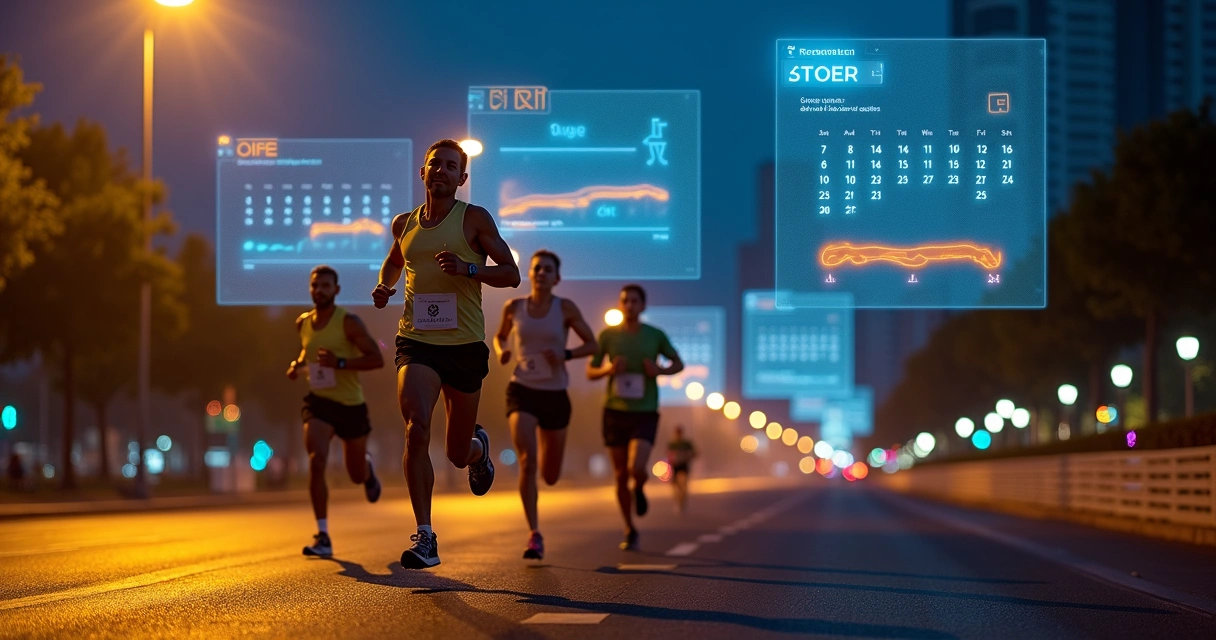 Corredores em avenida de São Paulo à noite com calendários luminosos ao fundo 