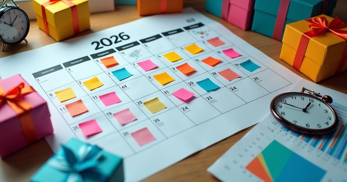 Calendário colorido marcando datas comerciais importantes de 2026. 