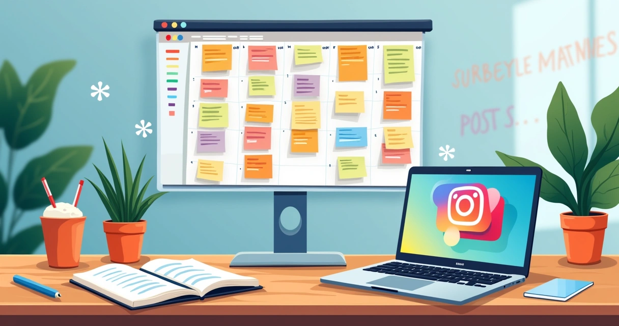 Espaço de trabalho organizado com calendário, notas adesivas, e perfil do Instagram no laptop.