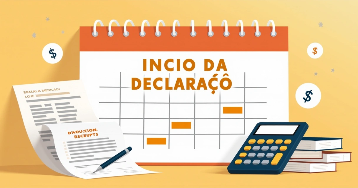 Ilustração do calendário com datas de declaração do imposto de renda e documentos de dedução ao lado.