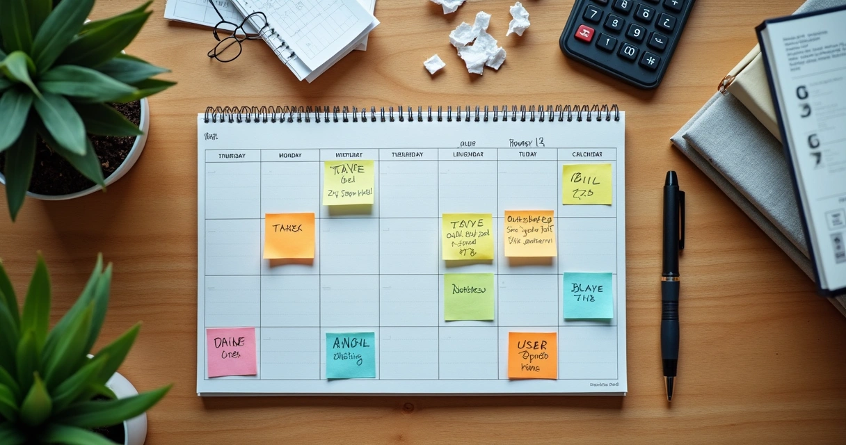 Calendário sobre mesa marcado com datas e notas adesivas coloridas 