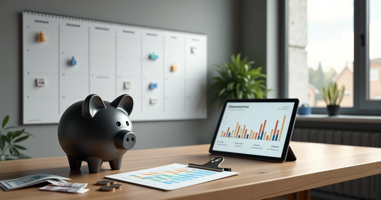 Calendário com ícones de despesas sazonais organizadas ao redor de cofre empresarial 