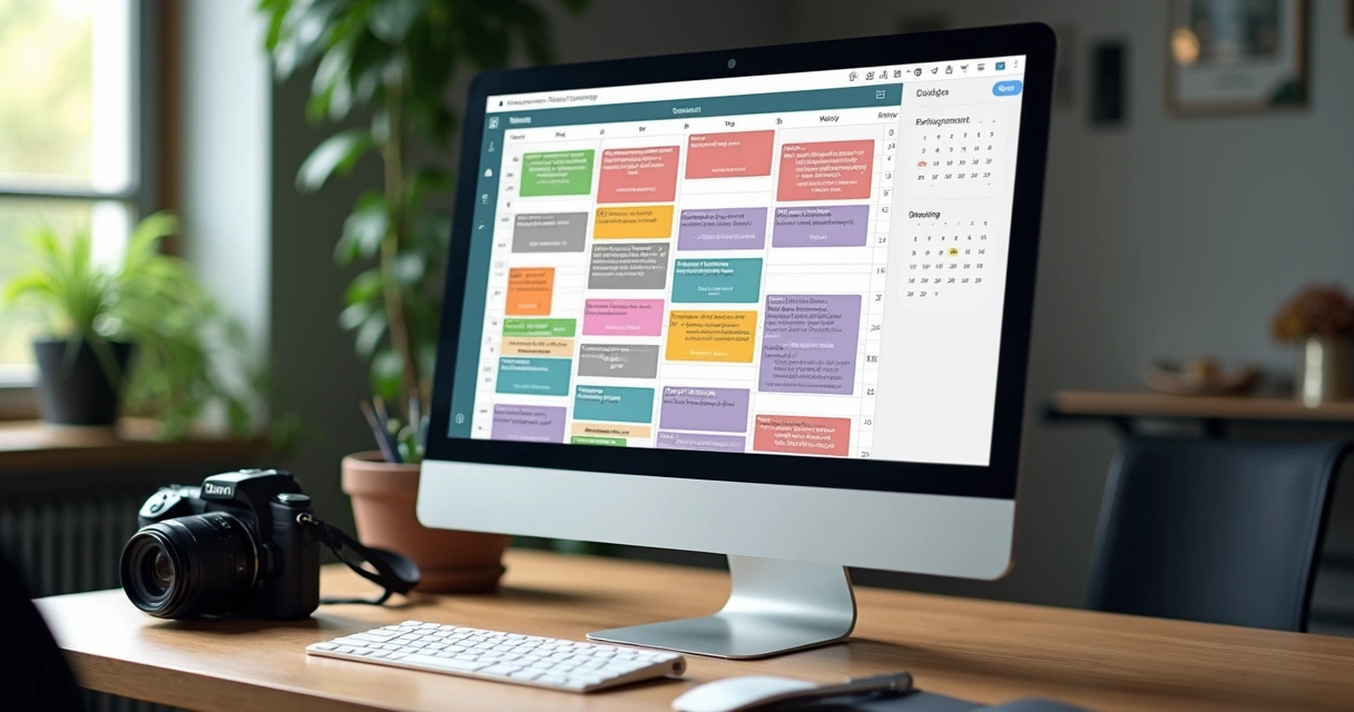 Calendário digital com compromissos de fotografia sobrepostos 