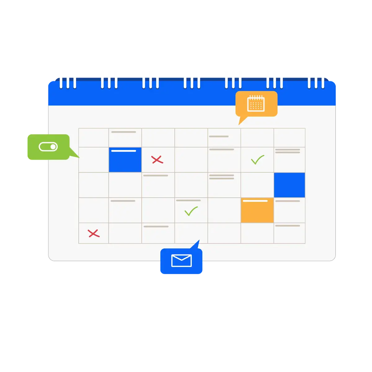 Calendário digital com marcações coloridas e ícones de notificações