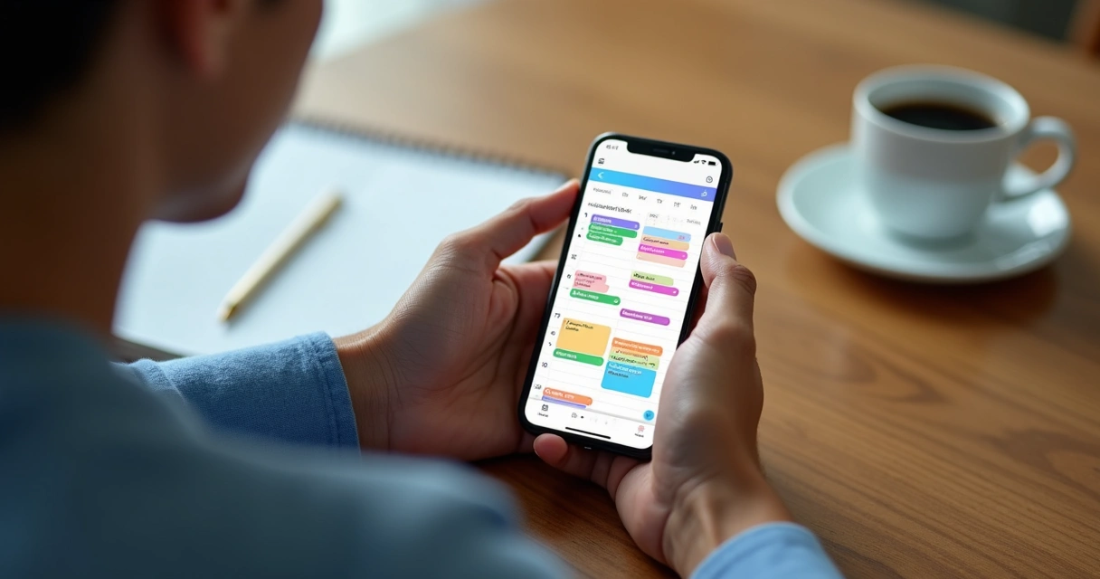 Persona usando app de calendario en móvil con pantalla colorida y vista mensual