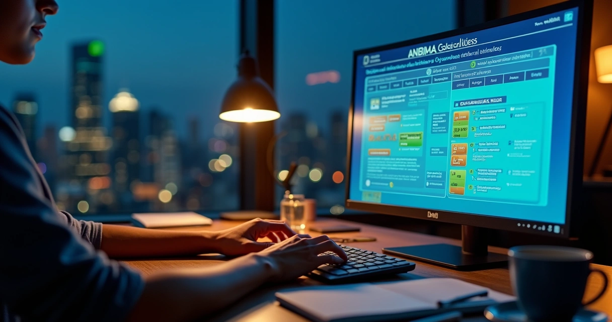 Calendário digital com datas de provas ANBIMA em tela de computador e cidade ao fundo 
