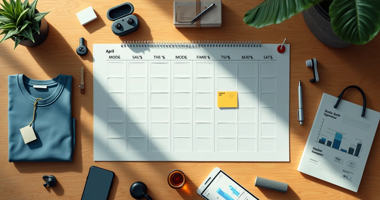 Mesa com calendário de abril destacado e ícones de categorias de e-commerce ao redor 